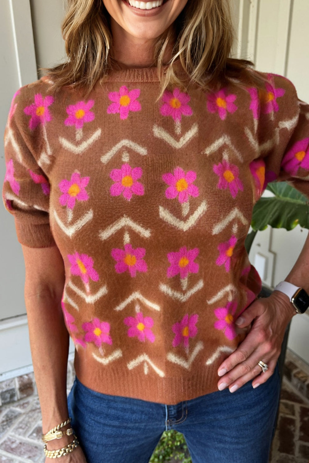 Women’s Fall Floral Sweater | Brown &amp; Pink Short Puff Sleeve Knit Top