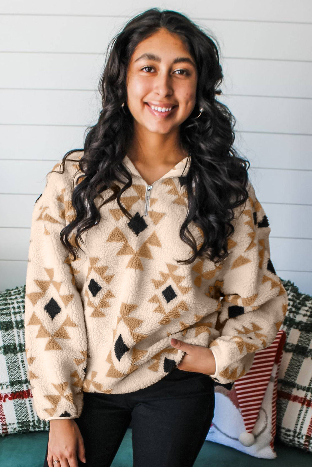 Khaki Aztec Sherpa Quarter Zip Sweatshirt – Cozy Western Print Pullover, Warm Fleece Half Zip Women’s Fall & Winter Casual Top