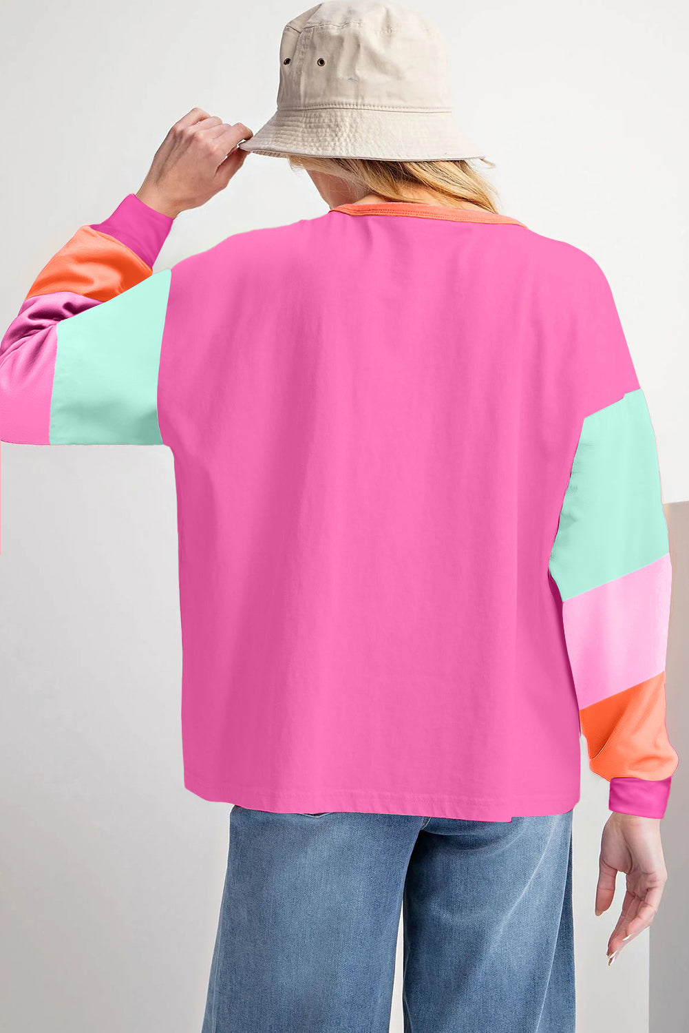 Women's Casual pullover Rose Red Colorblock Patchwork Long Sleeve Loose Top