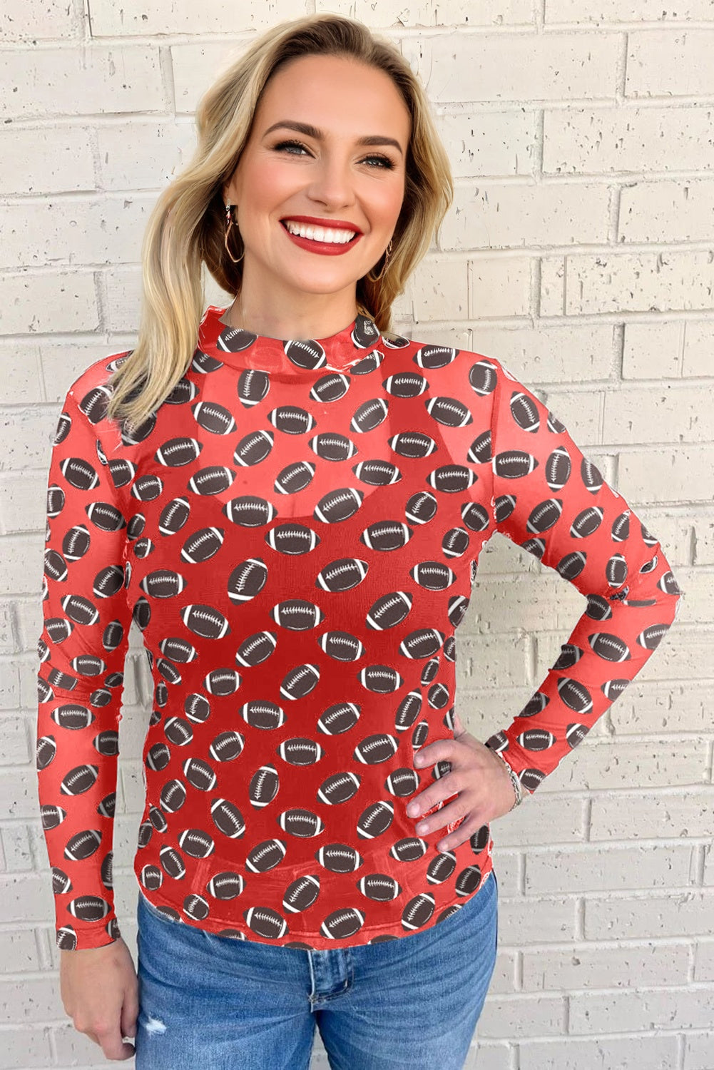 Red Football Mesh Top, Womens Game Day Sheer Long Sleeve Shirt, Sexy Mock Neck Football Print Top, Sporty Tailgate Outfit