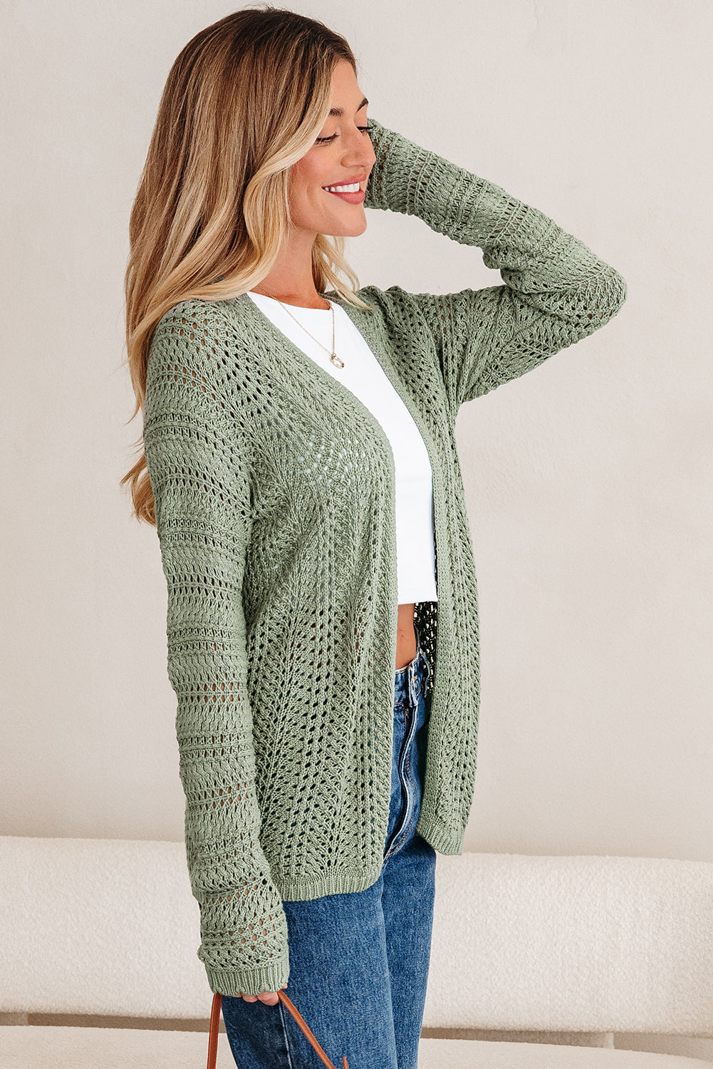 Green Batwing Sleeve Cardigan – Scalloped Edge Eyelet Knit Sweater, Lightweight Spring & Fall Layering Top