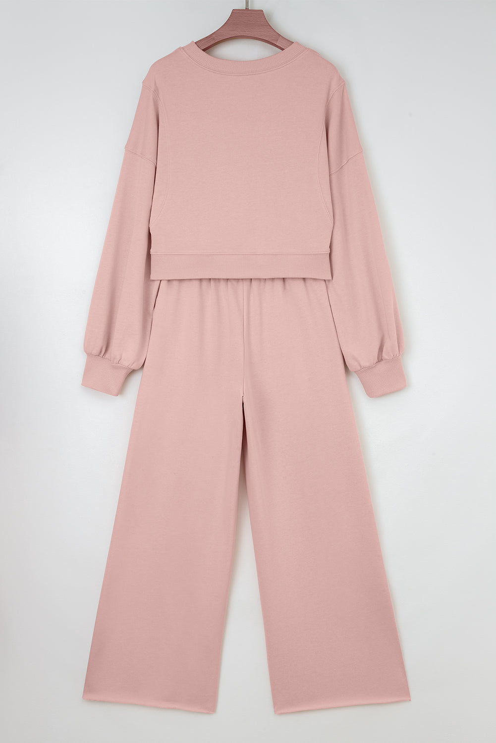 Light Pink Puff Sleeve Crop Top & Pants Set – 2 Piece Women’s Outfit, Drop Shoulder Pullover with Wide Leg Drawstring Pants