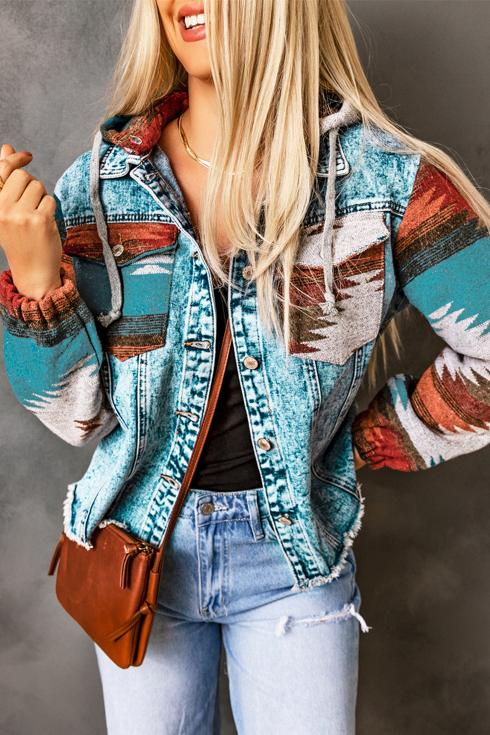 Multicolor Aztec Denim Jacket – Frayed Hem Western Boho Hooded Jean Jacket with Print Sleeves & Pockets, Women’s Vintage Fall Outerwear