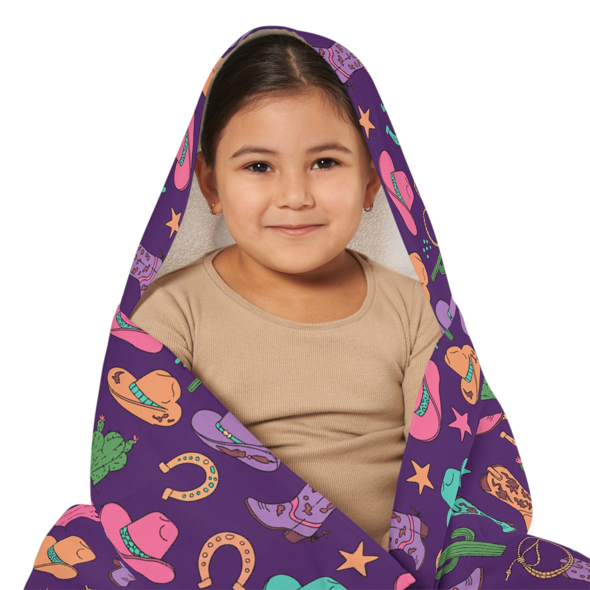 Cowgirl Hooded Towel for Kids, Personalized Western Towel with Cactus, Boots & Horseshoes, Purple Pink Turquoise Bath or Beach Wrap