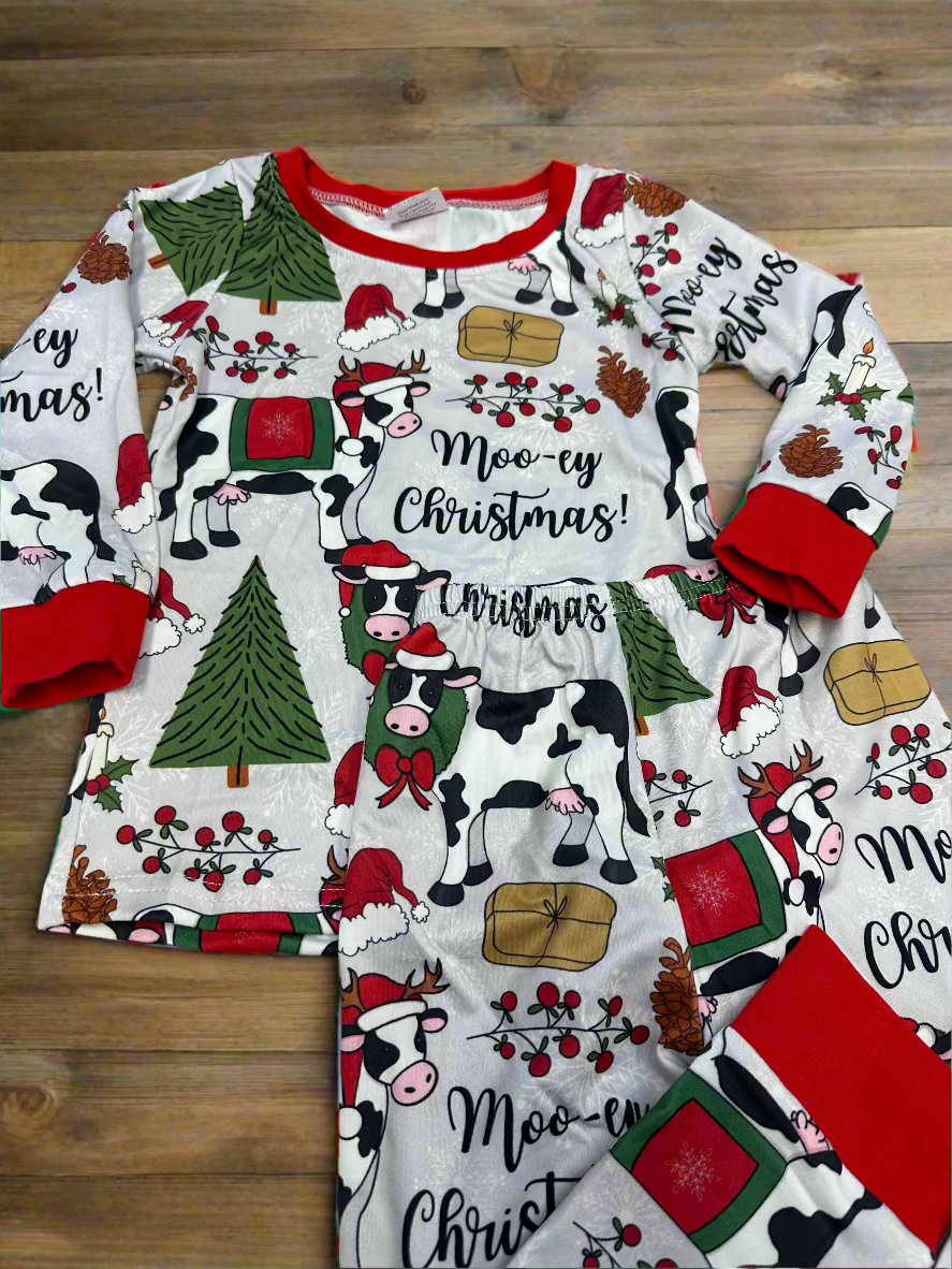Matching Family “Moo-ey Christmas” Pajamas – Western Cow Print Holiday PJs | Kids & Adult Sets
