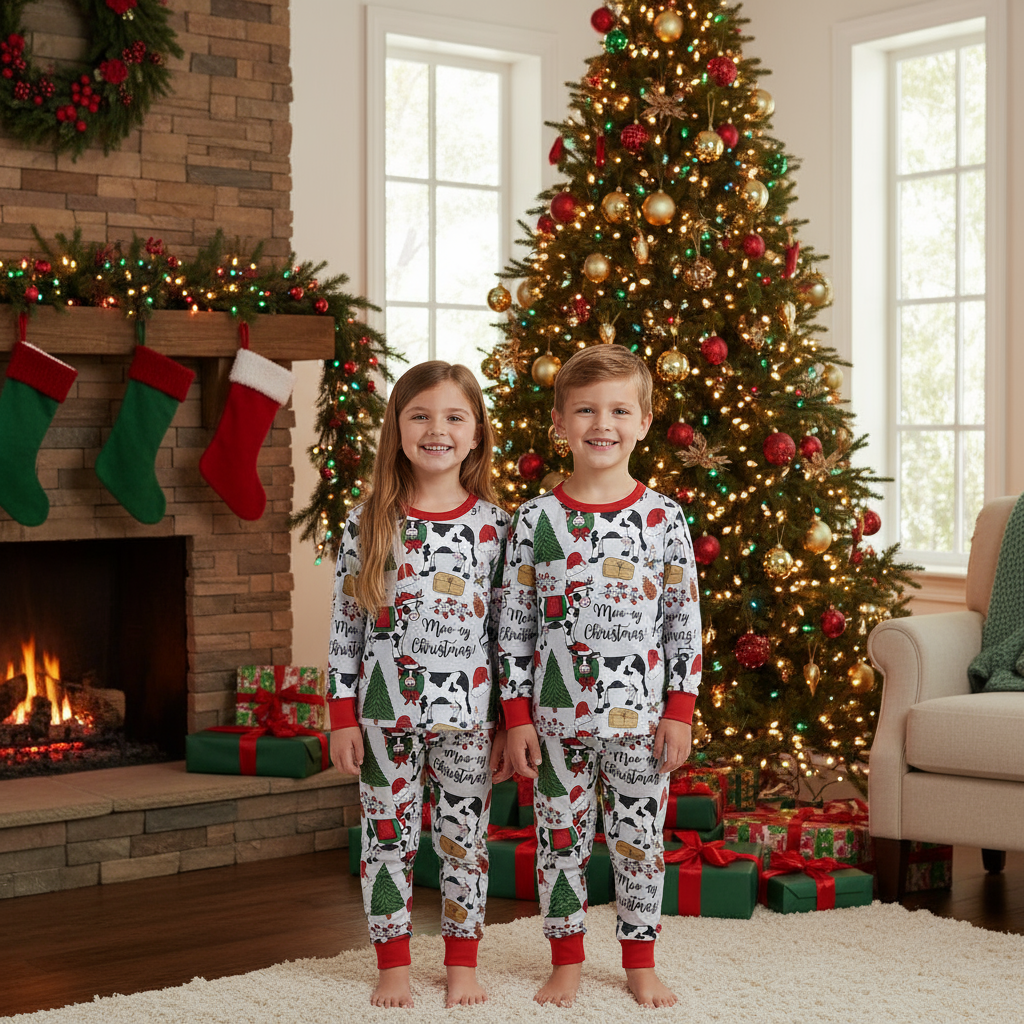 Matching Family “Moo-ey Christmas” Pajamas – Western Cow Print Holiday PJs | Kids & Adult Sets