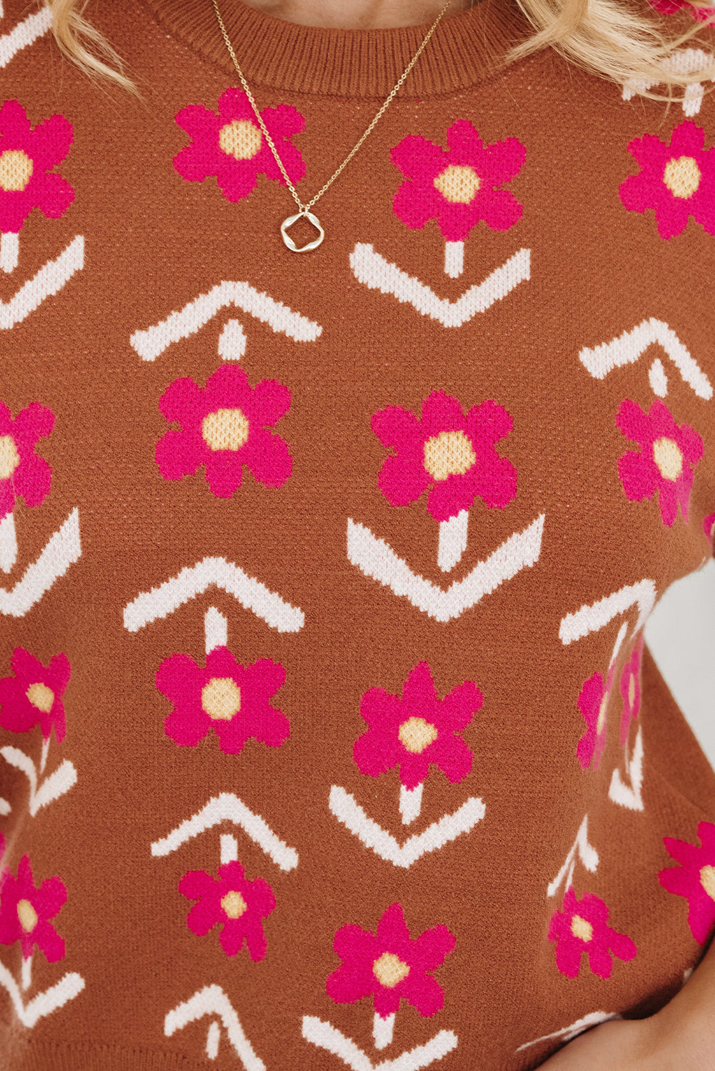 Women’s Fall Floral Sweater | Brown &amp; Pink Short Puff Sleeve Knit Top