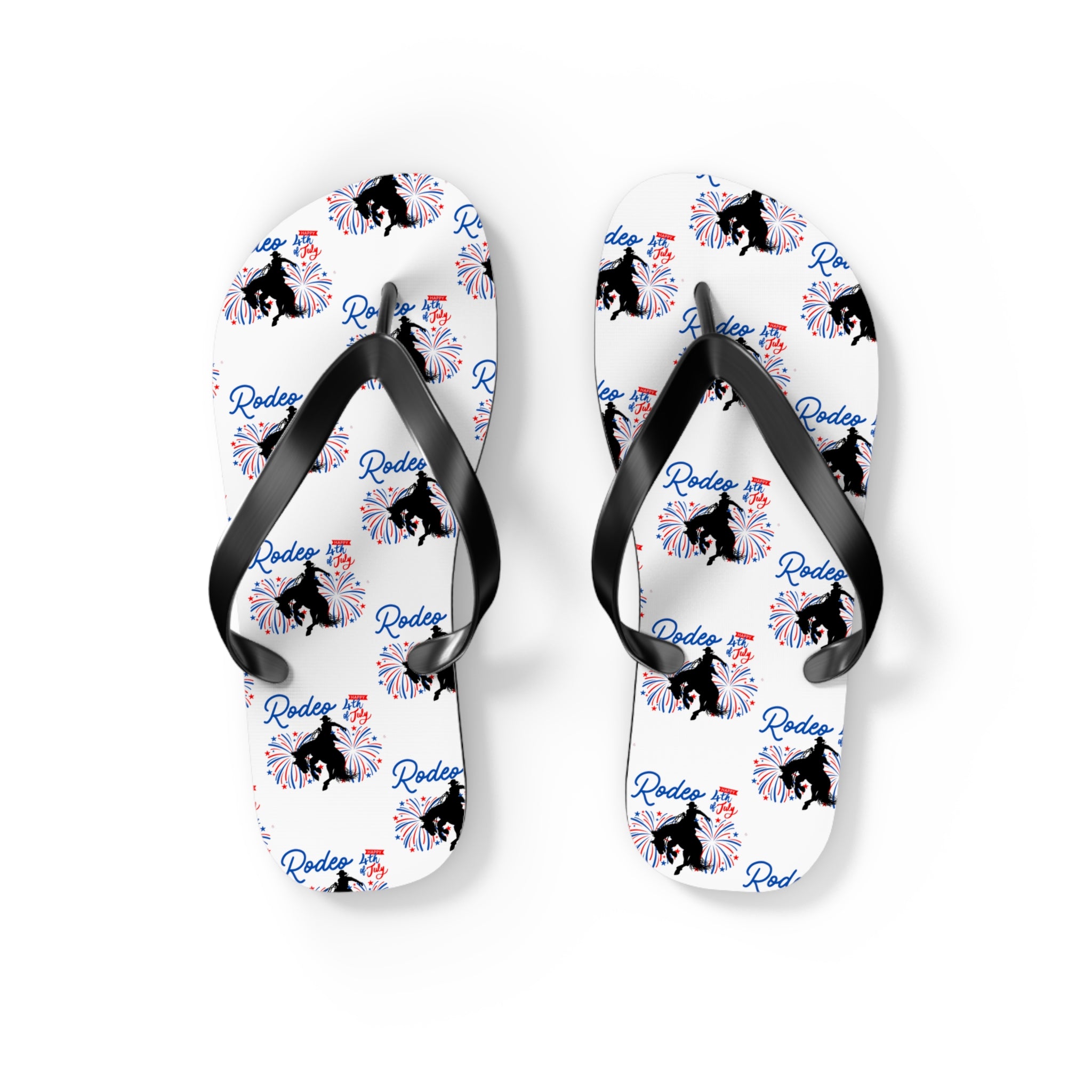 4th of July Flip Flops, Patriotic Sandals, Red White and Blue Bronc Rider Western Sandals for Men & Women