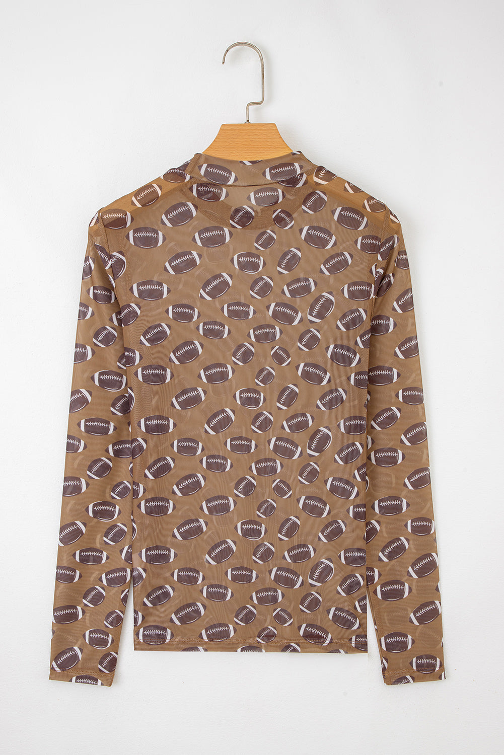 Brown Football Mesh Top, Womens Game Day Sheer Long Sleeve Shirt, Sexy Mock Neck Football Print Top, Sporty Tailgate Outfit