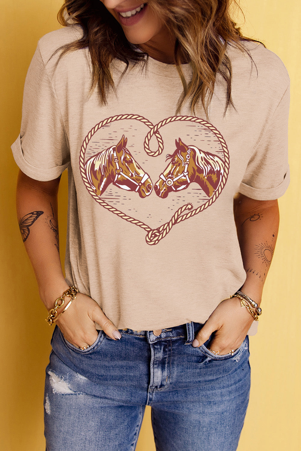 Western Horse Graphic T-Shirt | Cowgirl Casual Tee with Heart Rope Design