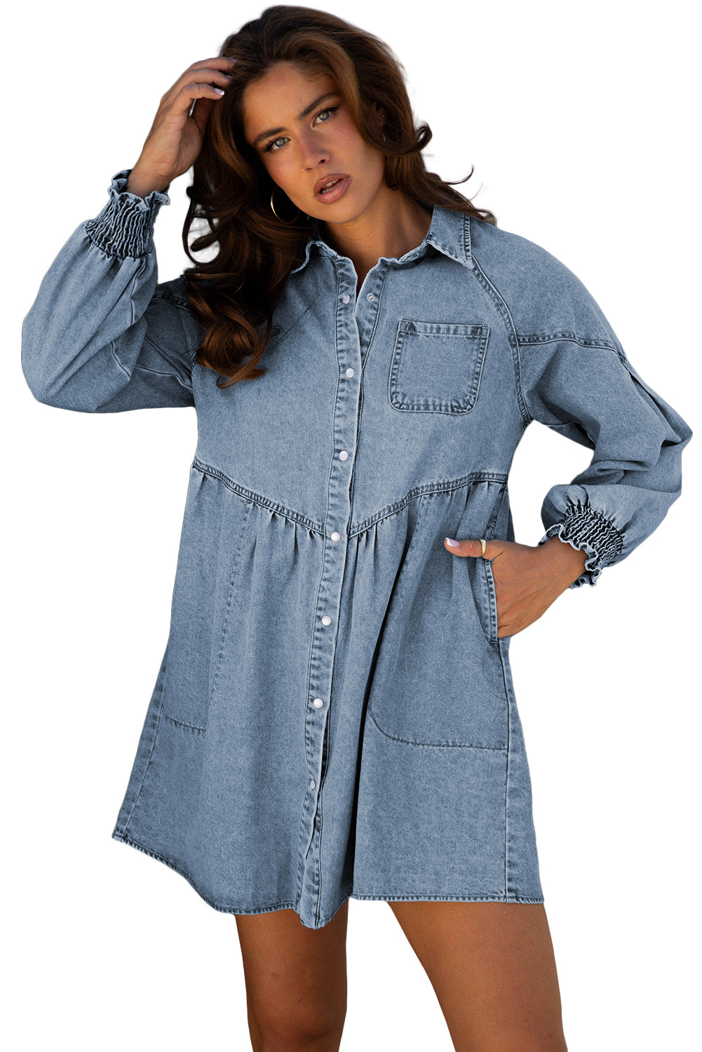 Blue Ruffle Denim Mini Dress – Smocked Cuffs, Flared Skirt & Heart Buttons, Western Denim dress