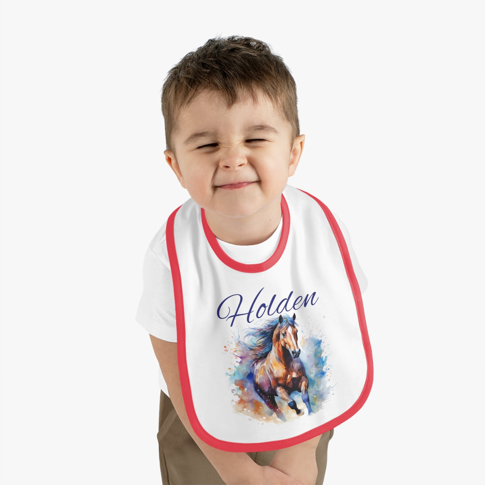 Custom Baby Horse Bib - Personalized  Watercolor Horse Jersey Bib for Infants, Unique Baby Shower Gift,
