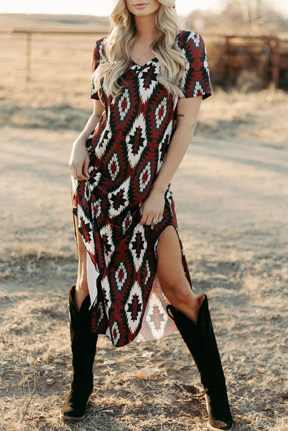 Red Western Aztec Print T-Shirt Dress | V-Neck Long Dress with Side Slits