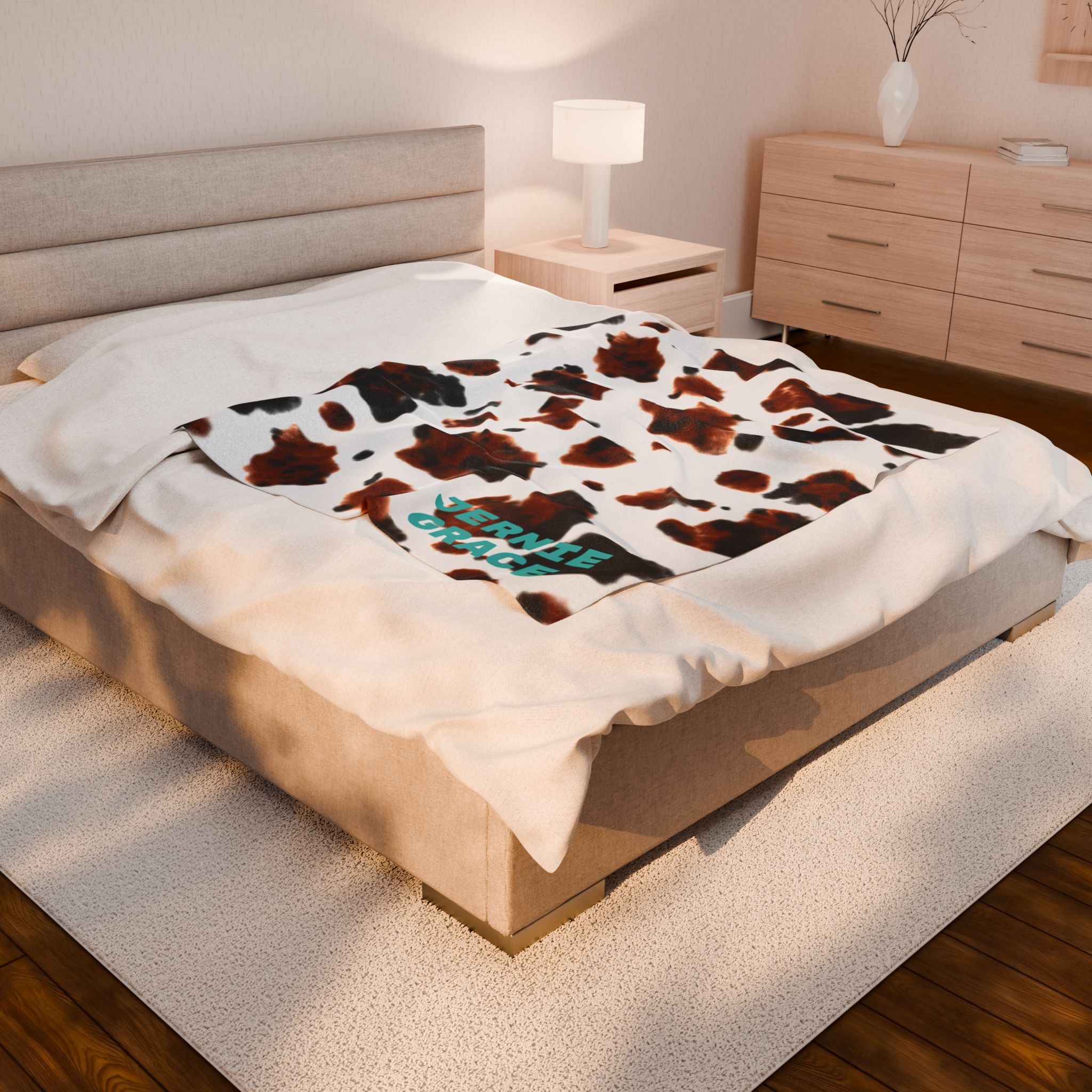 Personalized Cowprint Blanket, Velveteen Plush Throw, Custom Name Gift for College Dorm, Camper, New Home, Made in USA, 3 Sizes