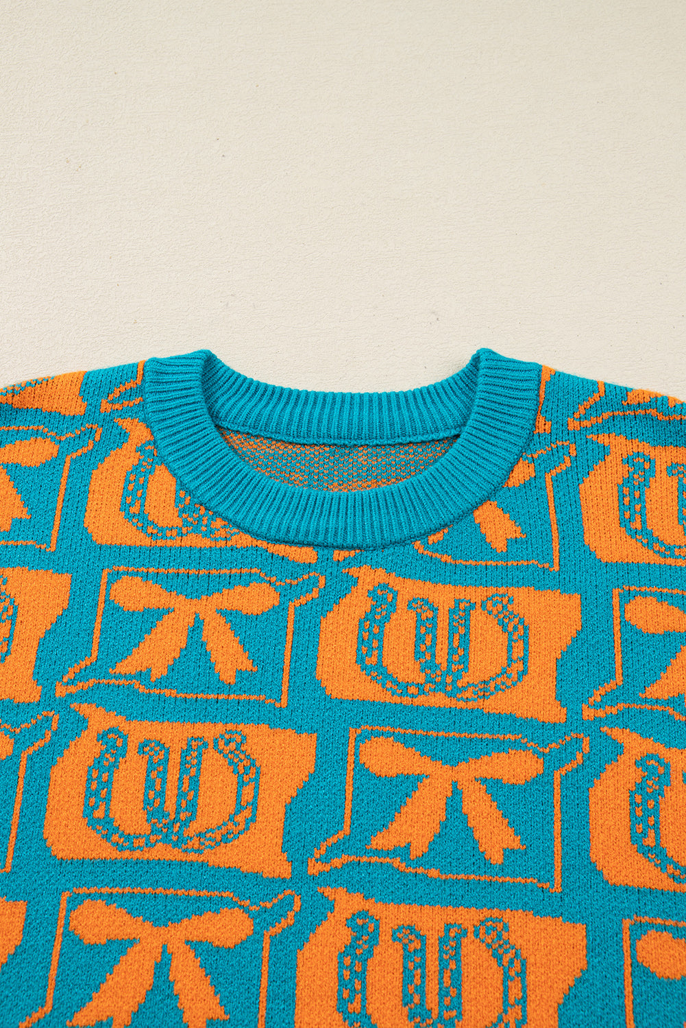 Turquoise Western Sweater – Bows & Horseshoes Knit Pullover, Cozy Cowgirl Fashion Top