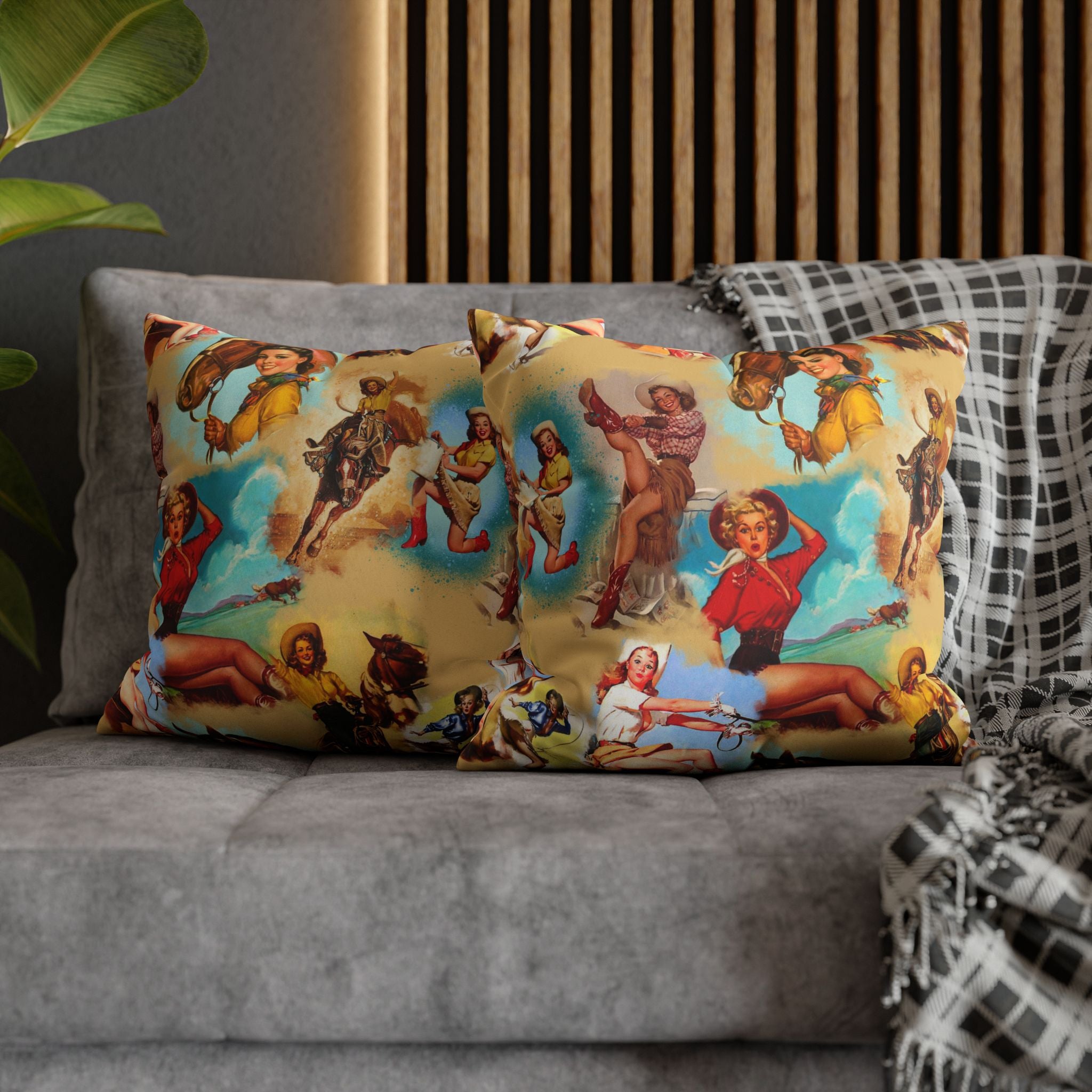 Western VINTAGE Cowgirl Throw Pillow Cover, Retro Western Decor Accent