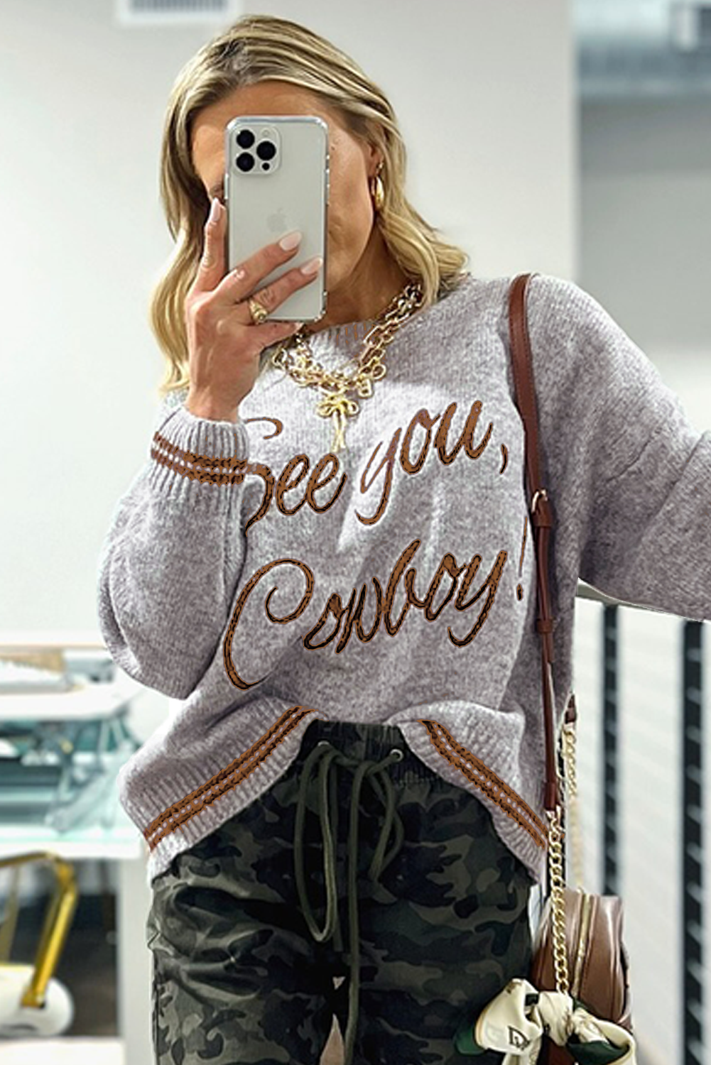 Light Grey “See You Cowboy” Embroidered Western Sweater | Oversized Drop Shoulder Graphic Pullover