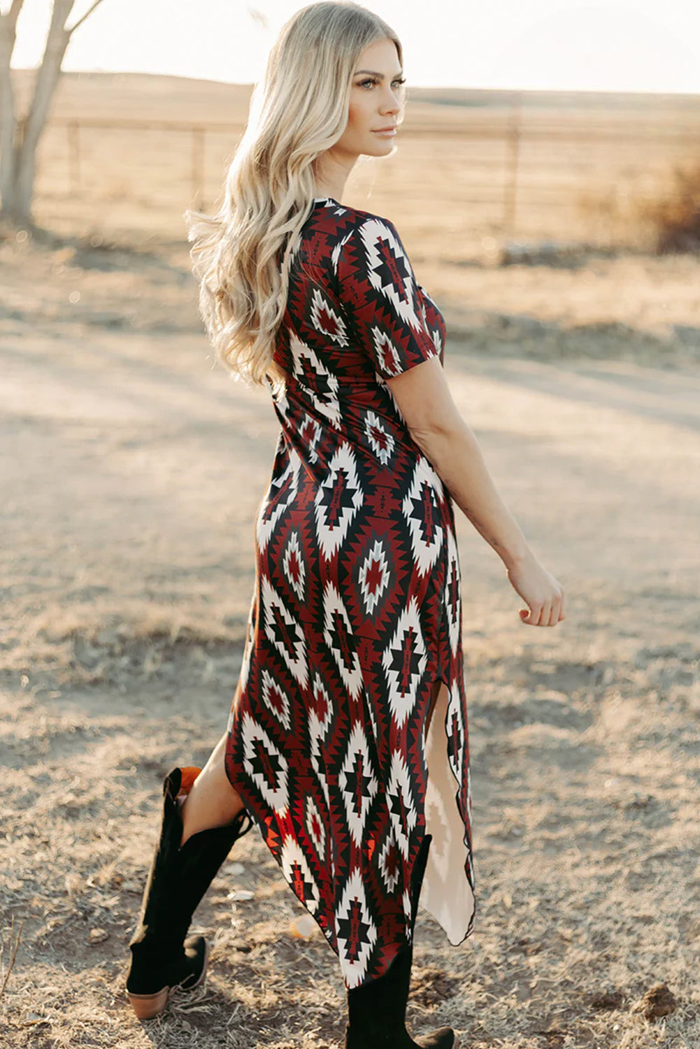 Red Western Aztec Print T-Shirt Dress | V-Neck Long Dress with Side Slits