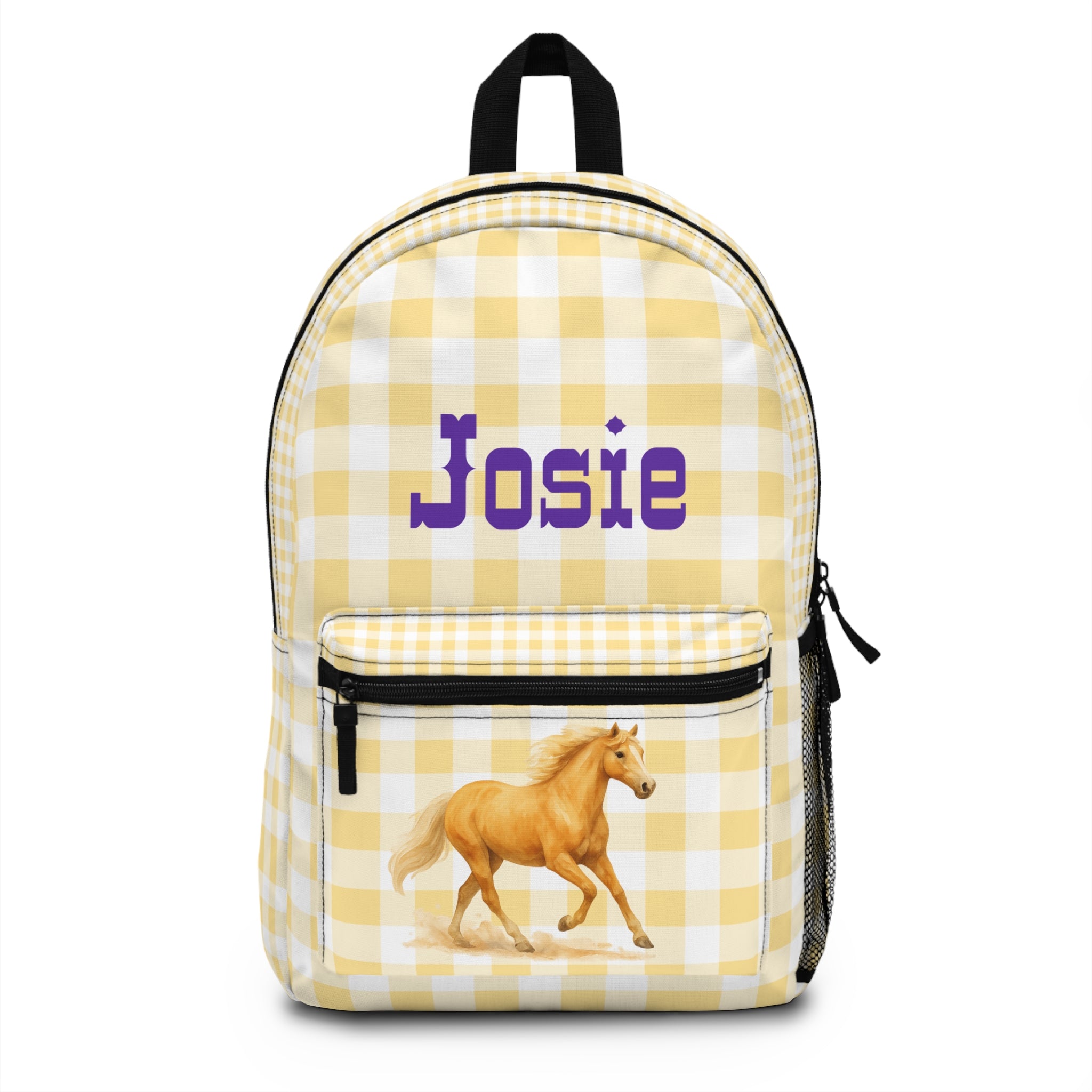 Palomino Horse Print Backpack, Yellow Plaid Custom Name Kids School Bag