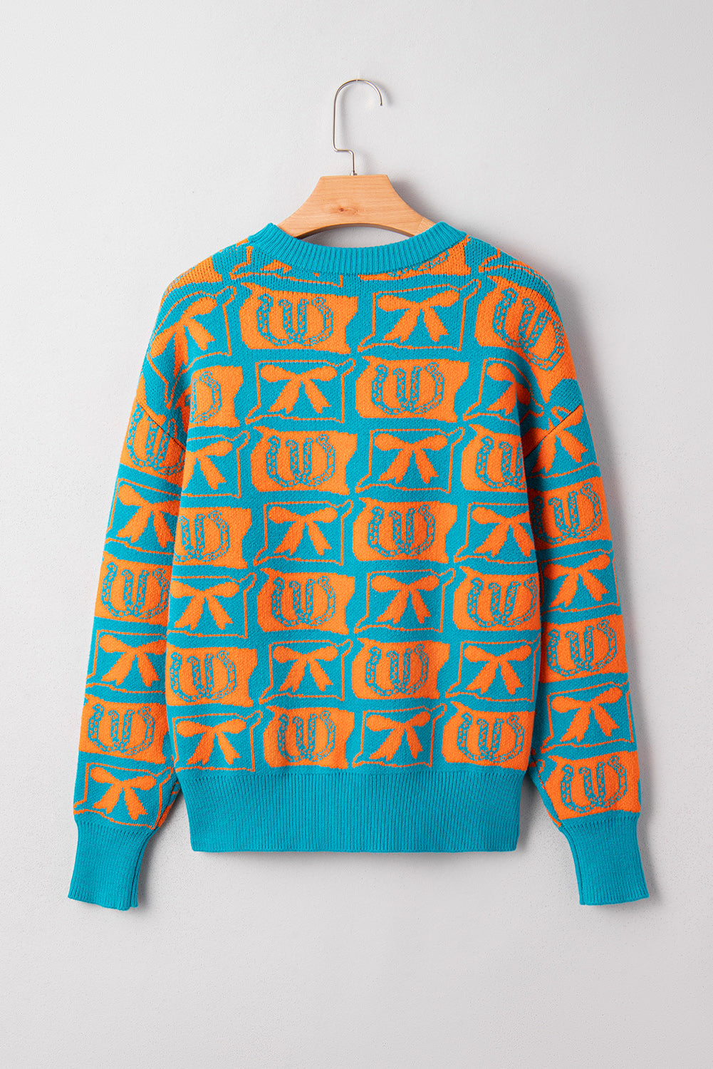Turquoise Western Sweater – Bows & Horseshoes Knit Pullover, Cozy Cowgirl Fashion Top