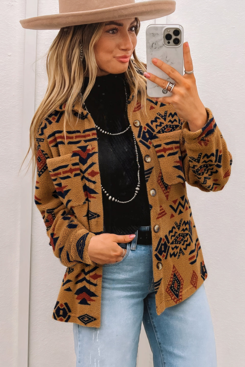 Khaki Aztec Fleece Shacket – Western Button Front Jacket Shirt with Pockets, Cozy Fall & Winter Layering Top