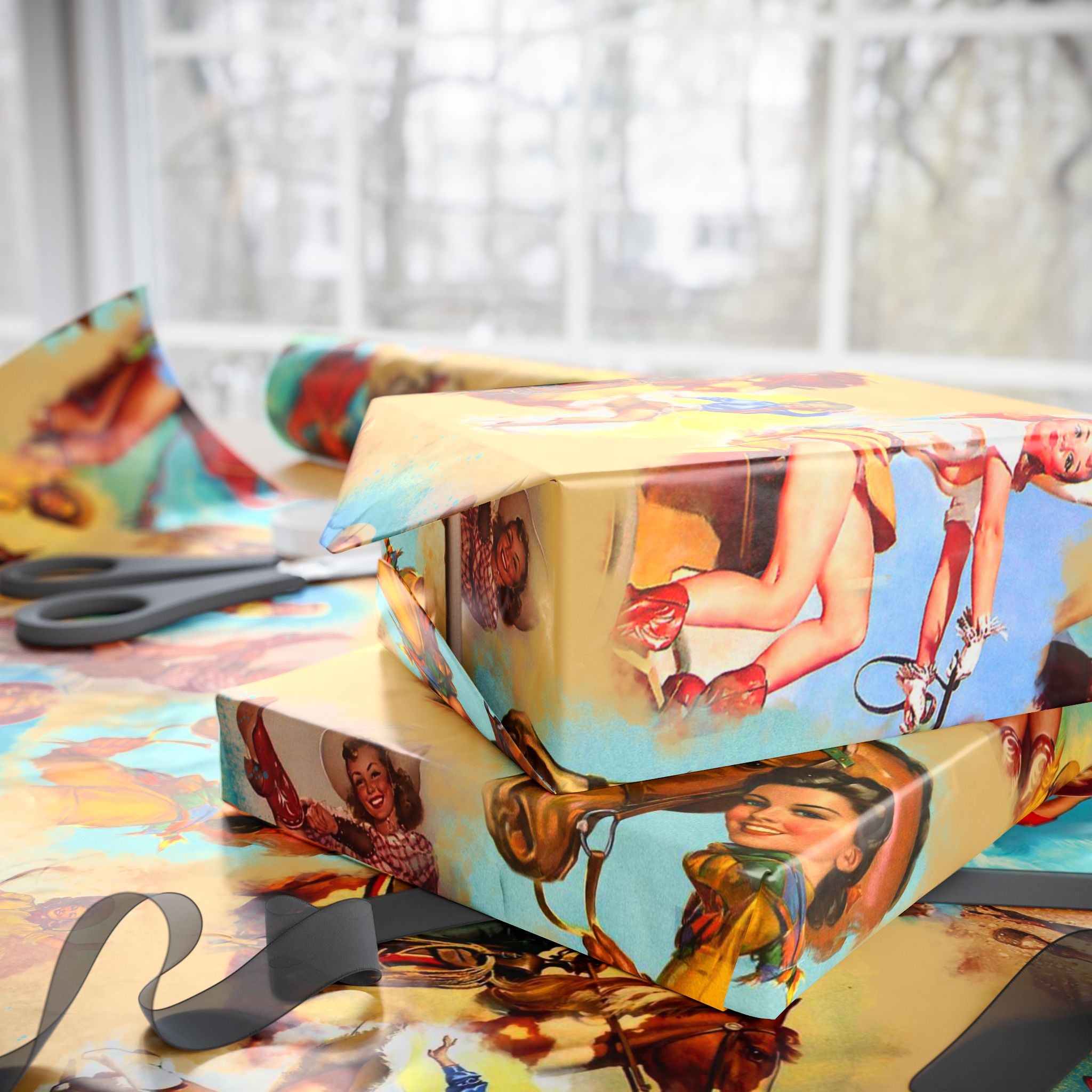 Vintage Cowgirl Wrapping Paper,  Retro Western Gift Wrap for Birthdays, Holidays & Boho Cowgirl Celebrations