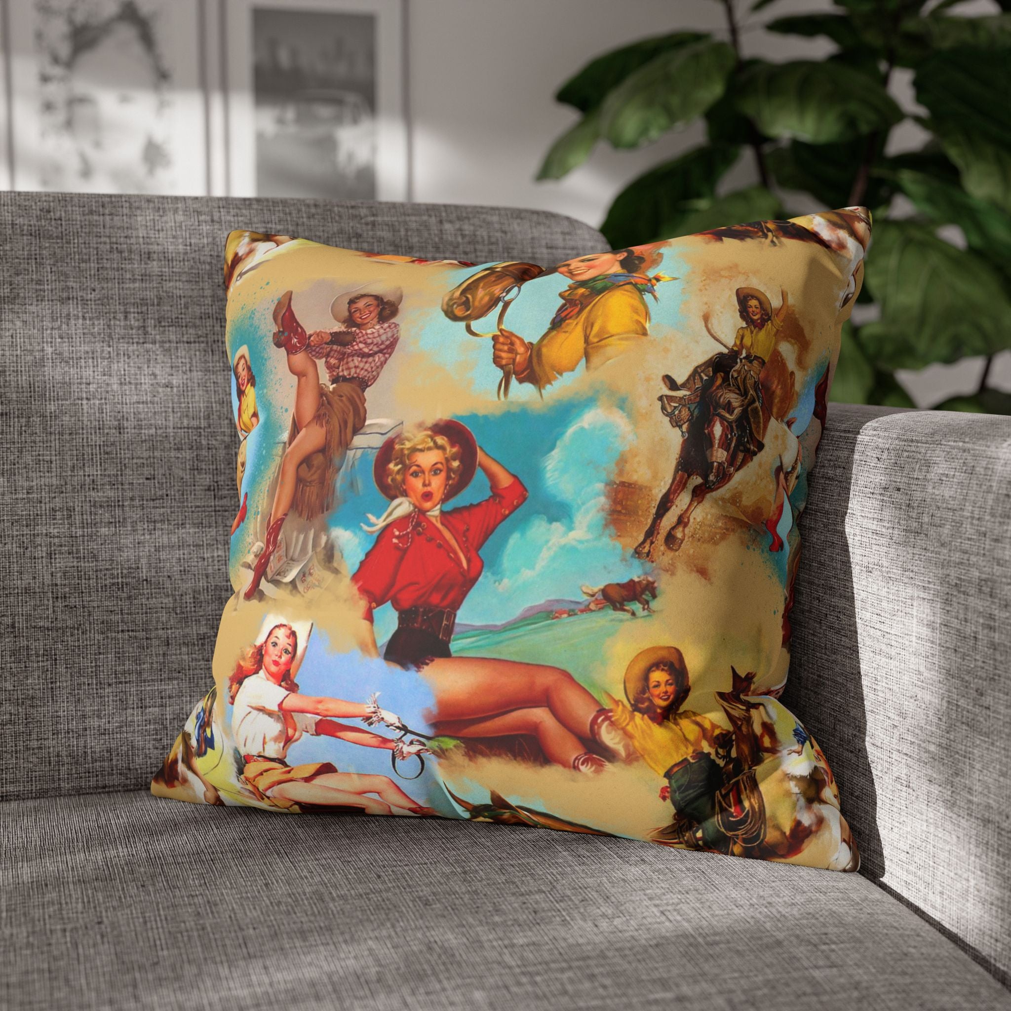 Western VINTAGE Cowgirl Throw Pillow Cover, Retro Western Decor Accent