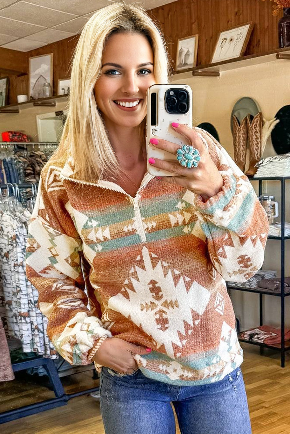 Fall Aztec Quarter Zip Pullover – Women’s Khaki Southwestern Western Sweatshirt
