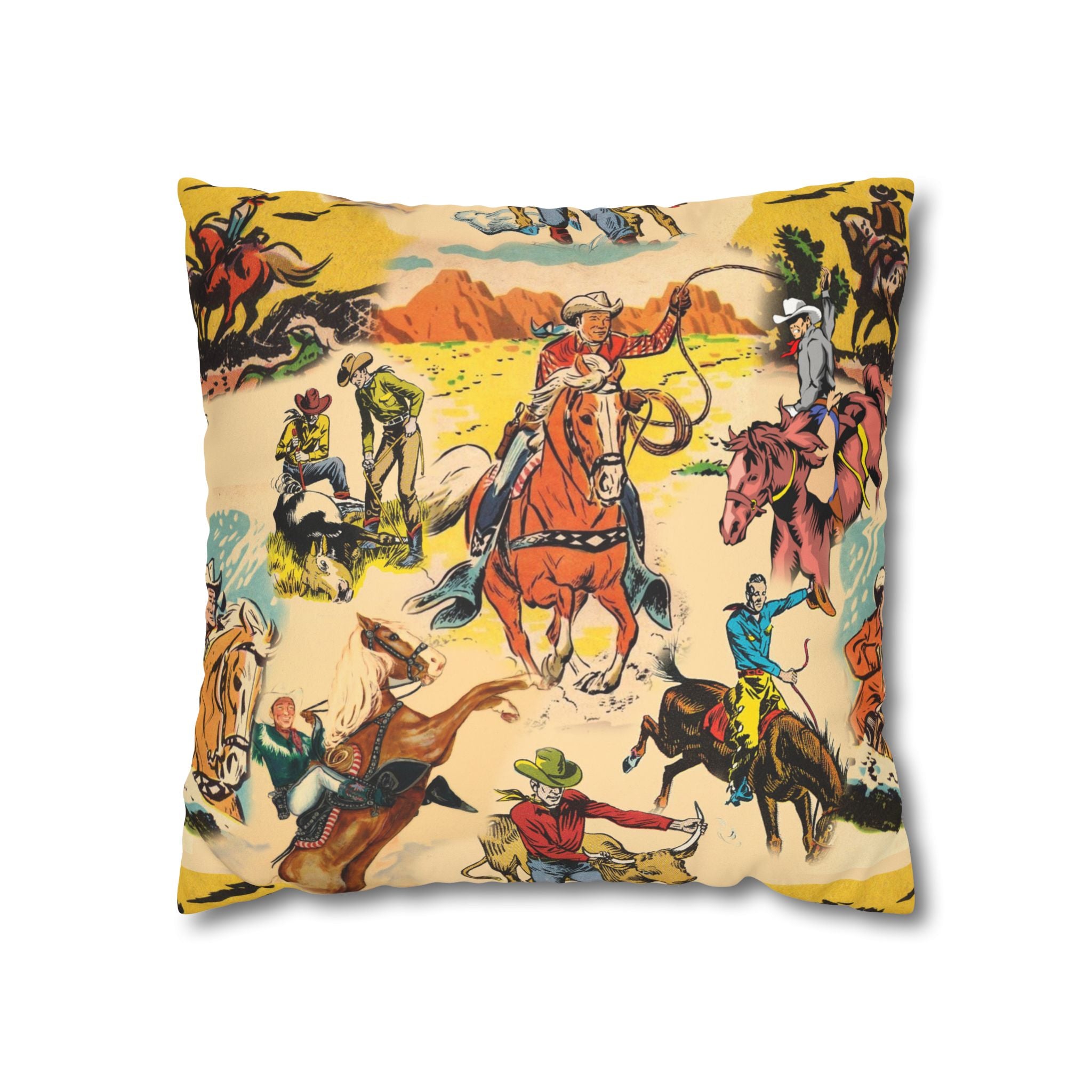 Vintage Cowboy Pillow Cover, Western Faux Suede Cushion Case, Rustic Cowboy Decor