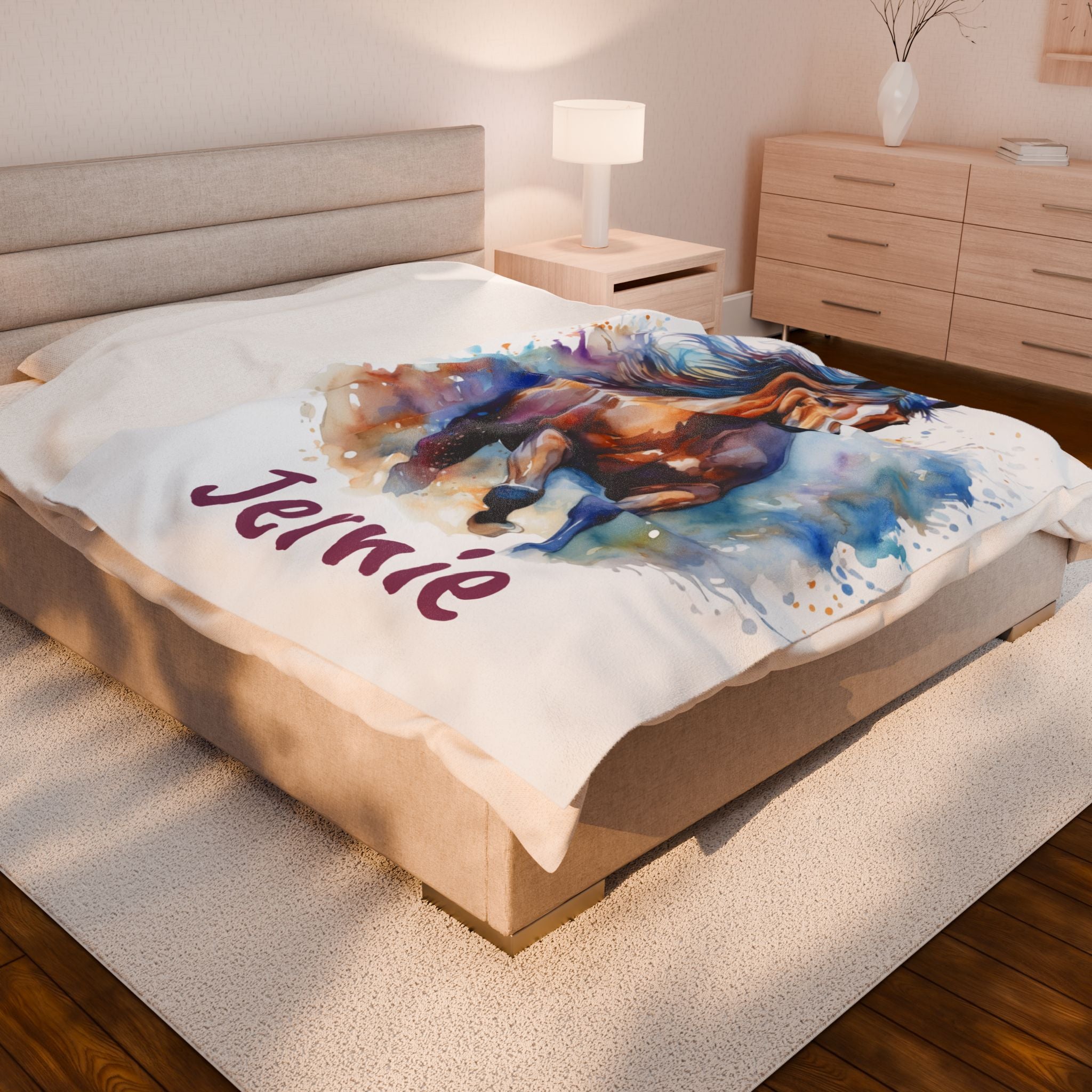 Personalized Horse Girl Blanket, Watercolor Horse Name Blanket | Personalized Plush Throw for Horse Girls, Cowgirl Bed Decor