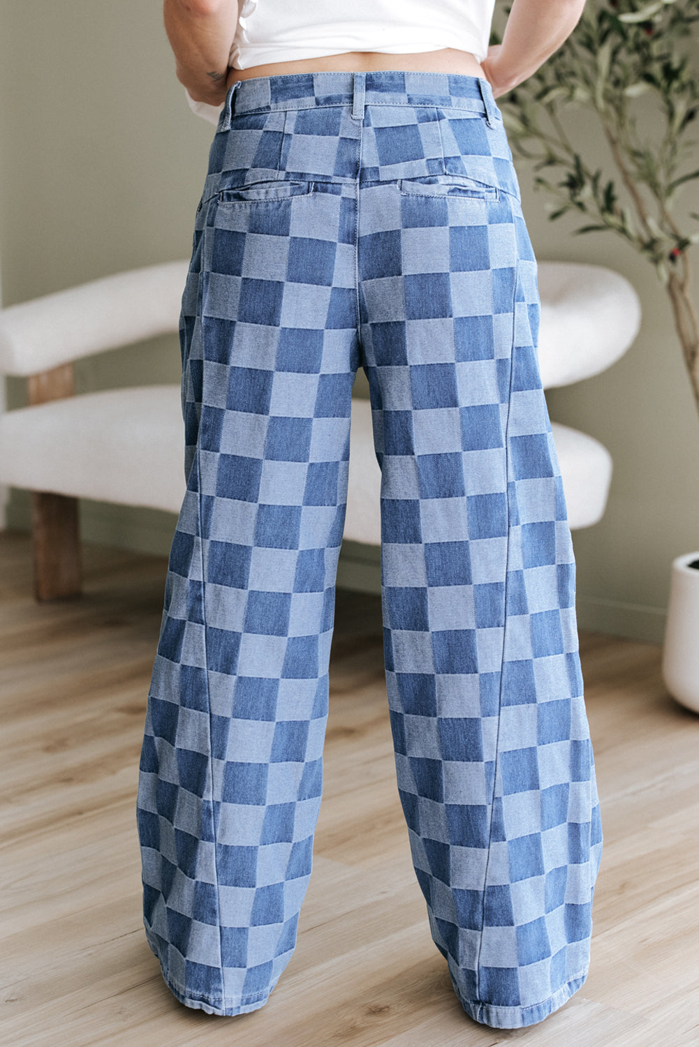 Blue Checkered Wide Leg Jeans – Retro Plaid Denim Pants, Women’s Casual High Waist Wide Leg Jeans with Pleats