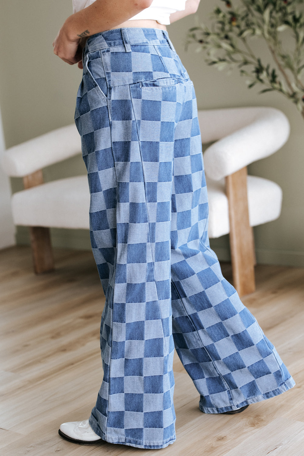 Blue Checkered Wide Leg Jeans – Retro Plaid Denim Pants, Women’s Casual High Waist Wide Leg Jeans with Pleats