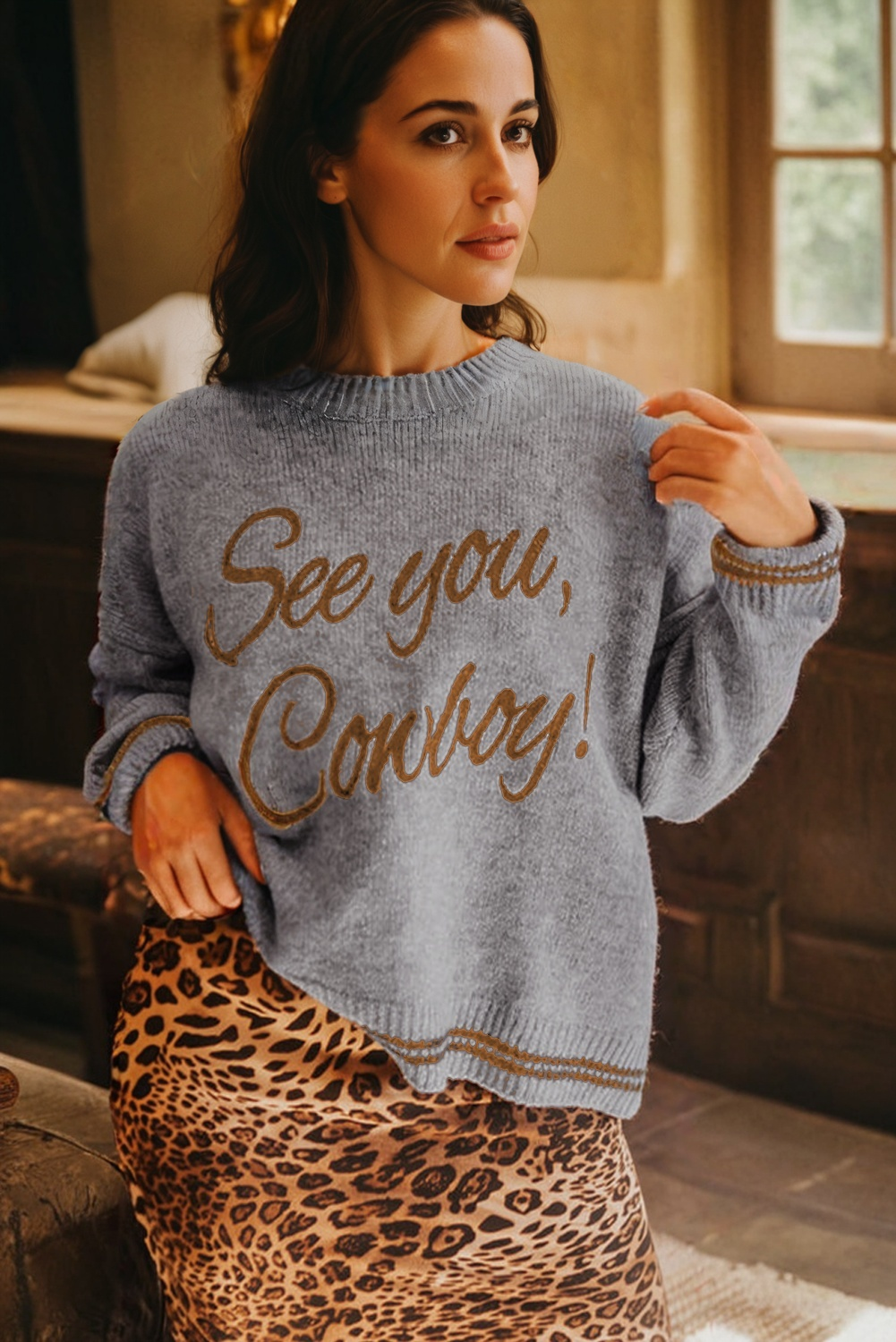Light Grey “See You Cowboy” Embroidered Western Sweater | Oversized Drop Shoulder Graphic Pullover
