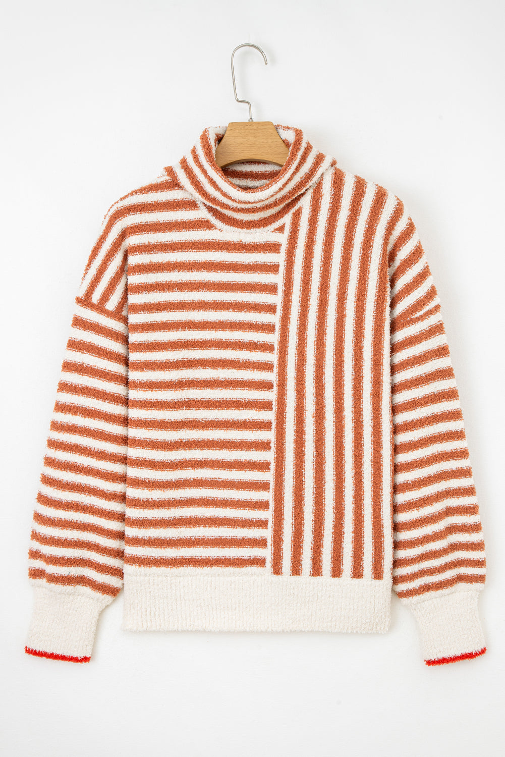 Orange Stripe Cowl Neck Sweater – Cozy Drop Shoulder Knit Pullover, Fall & Winter Women’s Striped Sweater Top