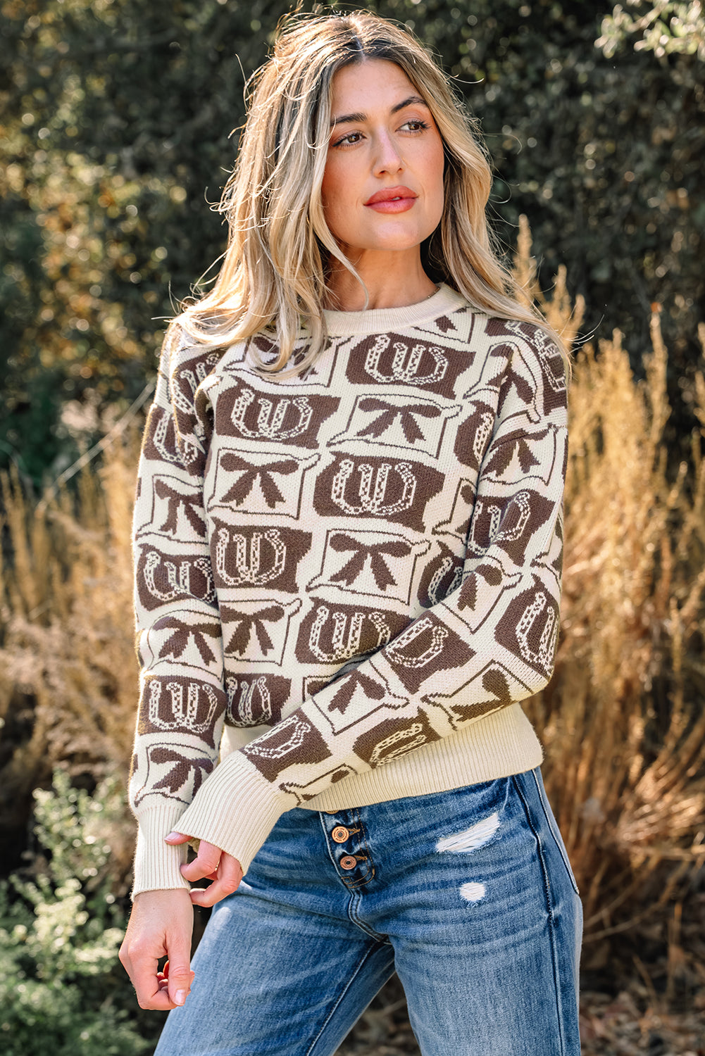 Brown Bows & Horseshoes Western Print Sweater | Cozy Cowgirl Knit Pullover