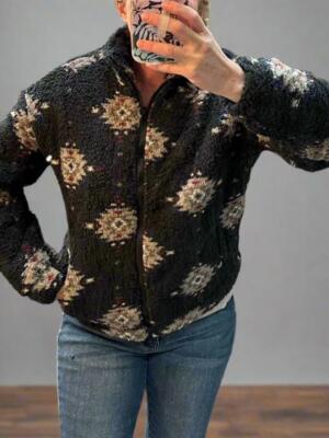Black Aztec Sherpa Bomber Jacket: Cozy Western Fleece Zip-Up