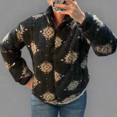 Black Aztec Sherpa Bomber Jacket: Cozy Western Fleece Zip-Up