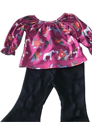 Girls Horse Outfit: Ruffled Blouse & Distressed Black Bell Bottom Jeans