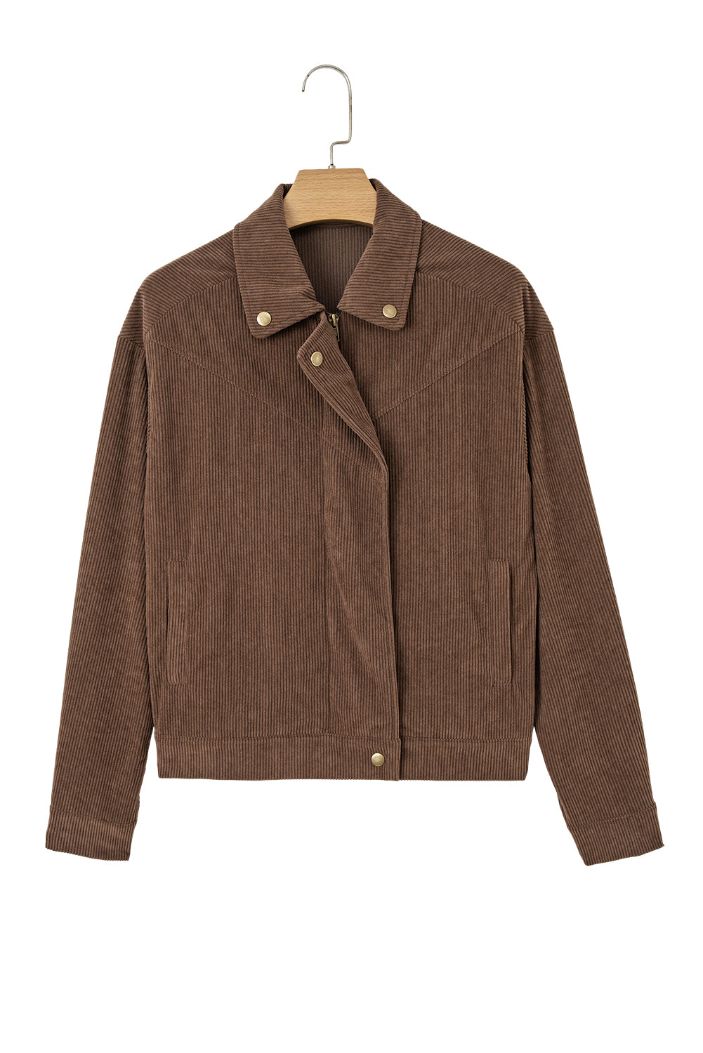 Women’s Western Corduroy Jacket – Brown Cowgirl Coat with Lapel Collar, Button &amp; Zip Front