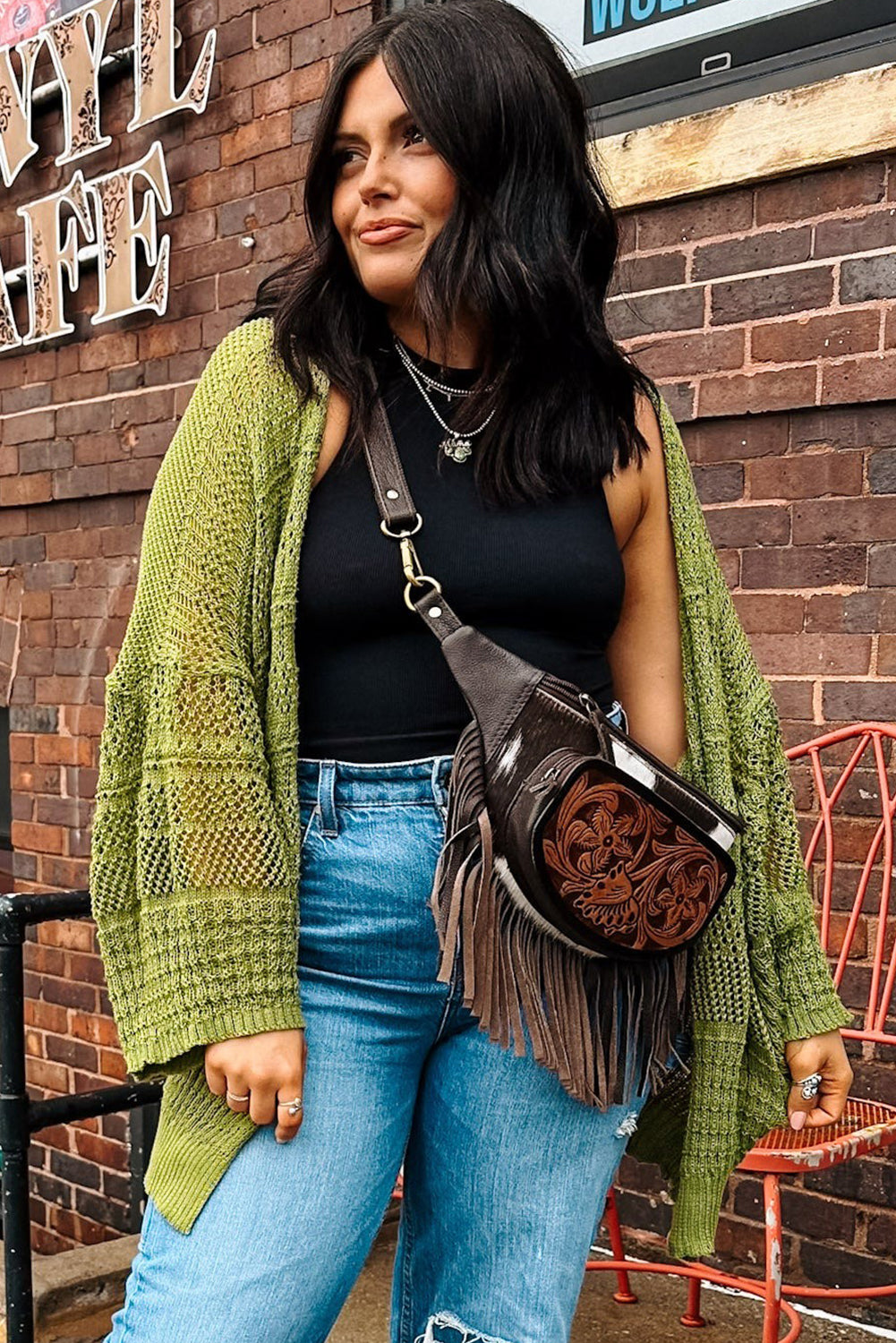 Women’s Fall Cardigan | Oversized Spinach Green Crochet Knit Open Front Sweater