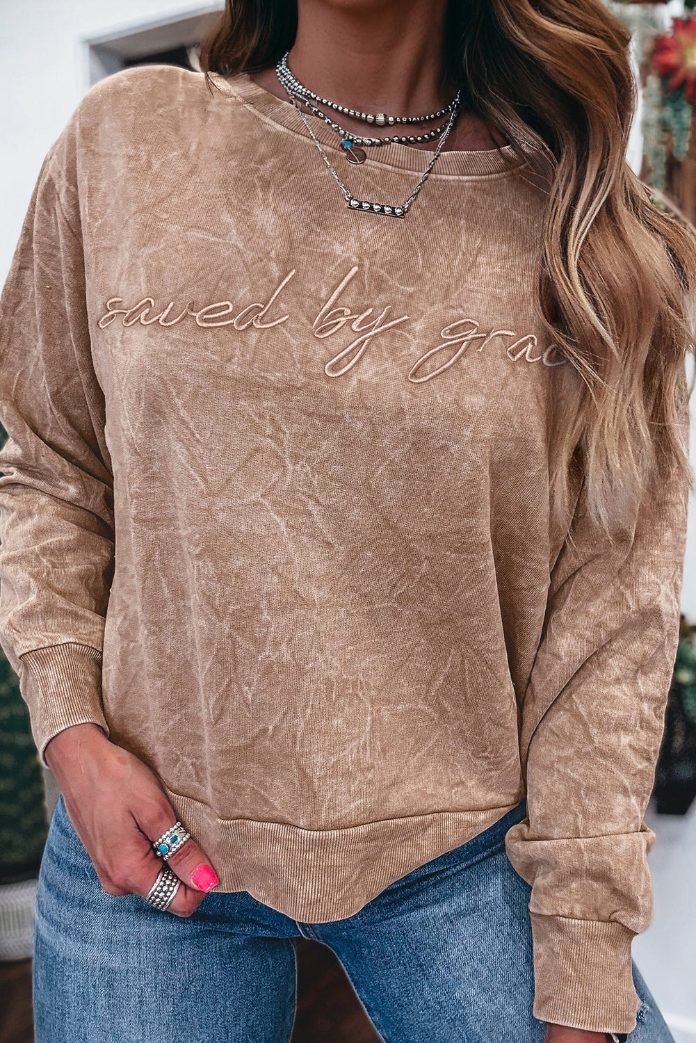 Saved by Grace Top – Embroidered Long Sleeve Mineral Wash Sweatshirt,& Christian Graphic Shirt