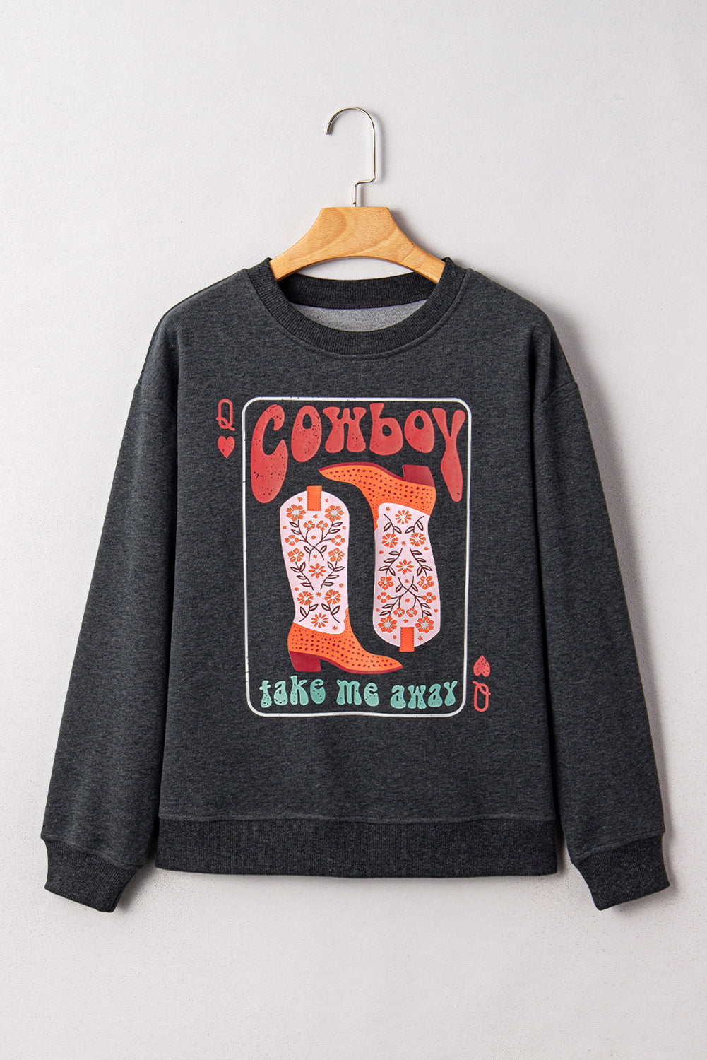Carbon Grey Cowboy Queen Card Sweatshirt – Drop Shoulder Western Graphic Pullover, Cozy Fleece Rodeo Cowgirl Crewneck Top
