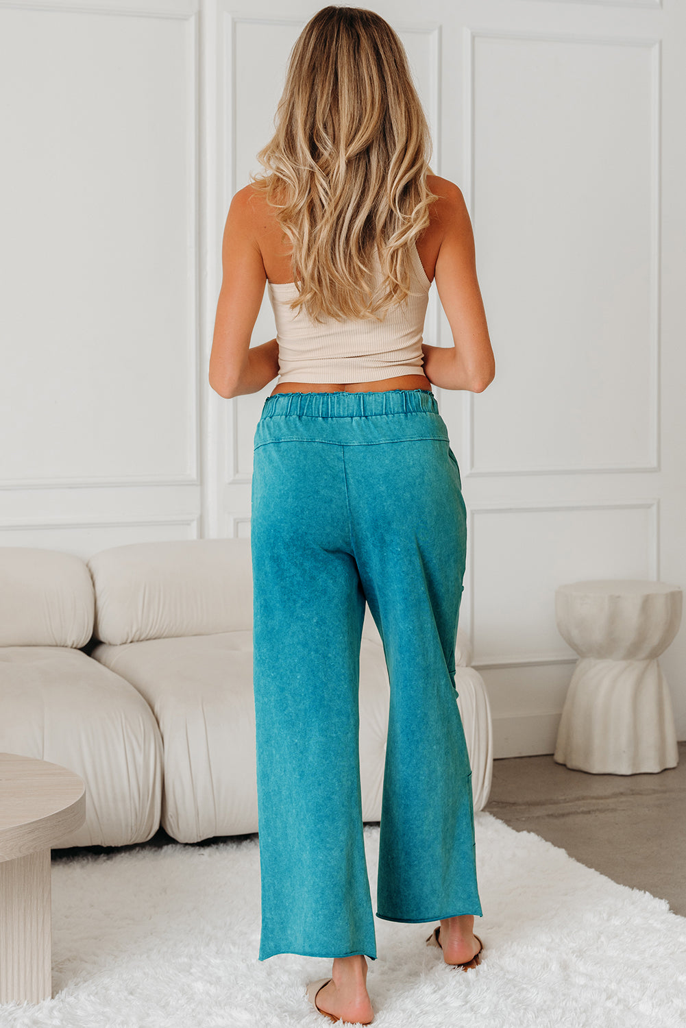Women’s Mineral Wash Pants | Lace-Up High Waist Raw Hem Patch Pocket Lounge Pants