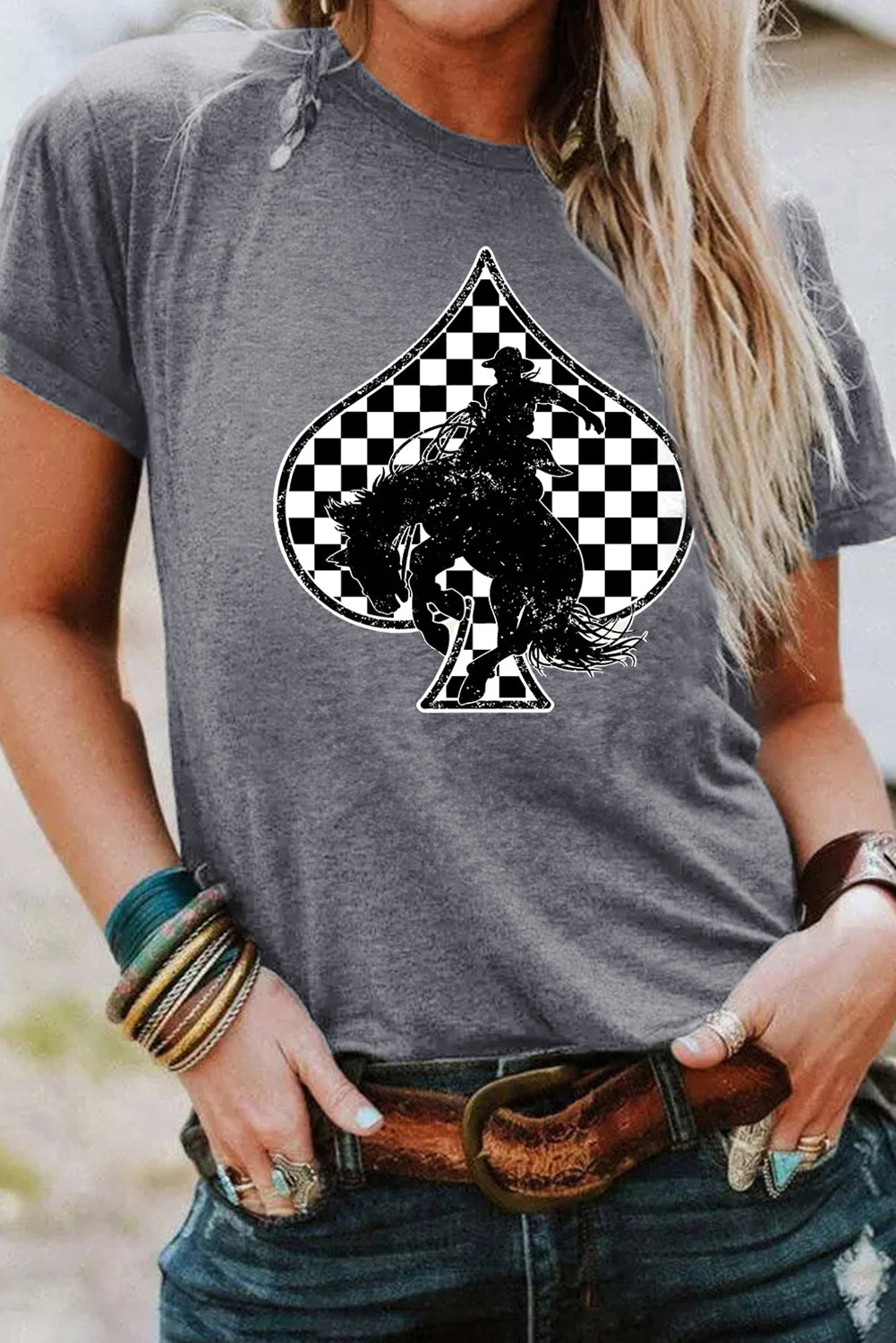 Gray Rodeo Poker T-Shirt | Western Bucking Horse Tee with Checkered Spades Graphic