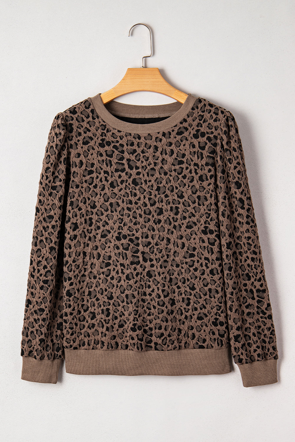Womens Leopard Print Top, Brown Ribbed Trim Animal  Print Long Sleeve Top