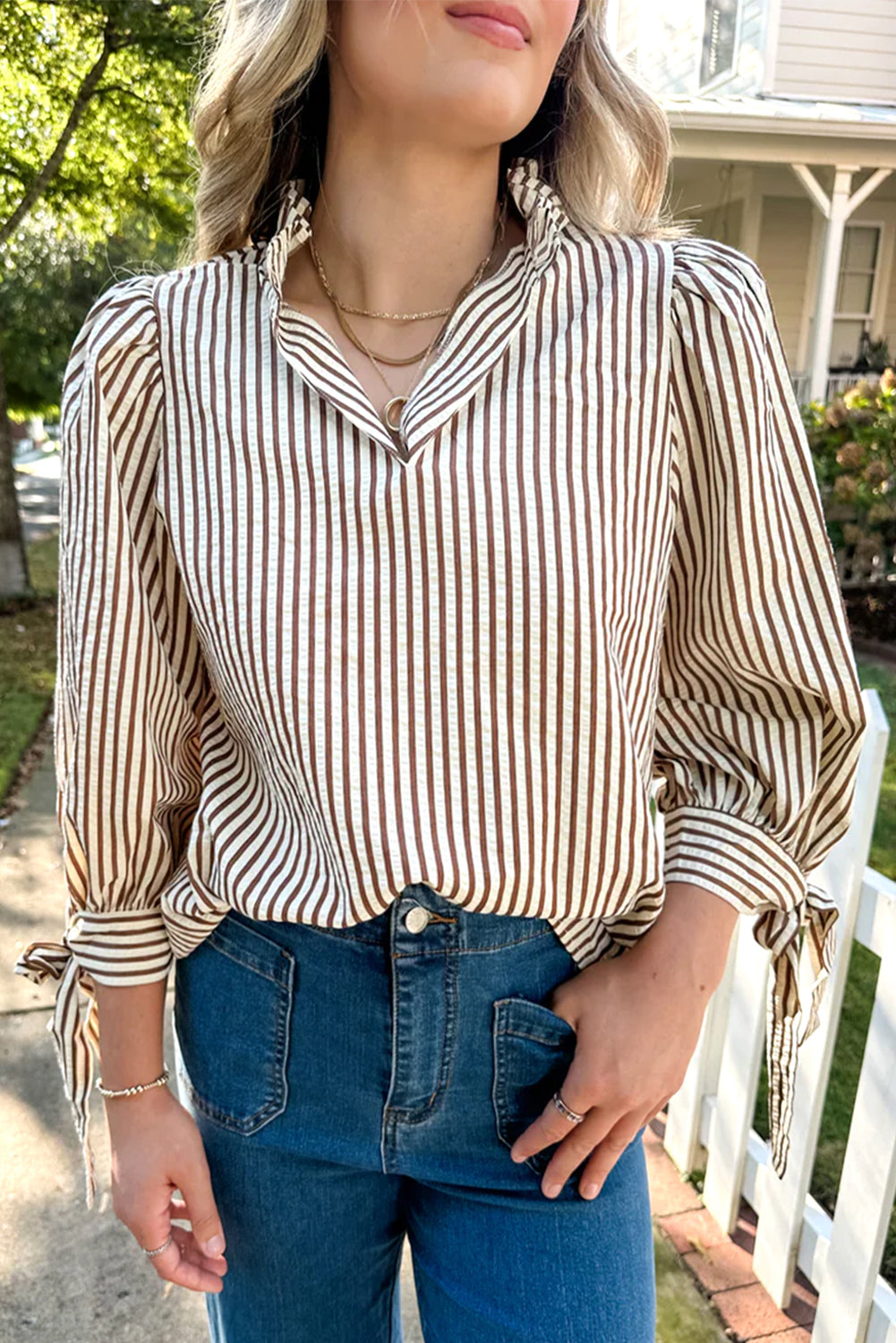 Fall Yellow Striped Blouse – Women’s Seersucker Split Neck Top with Tied Cuff Sleeves