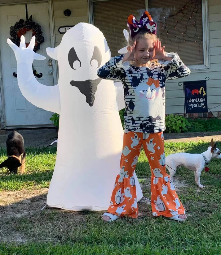 Girls Halloween Ghost Outfit, Orange Bell Bottom Set, Toddler Ghost Shirt and Pants