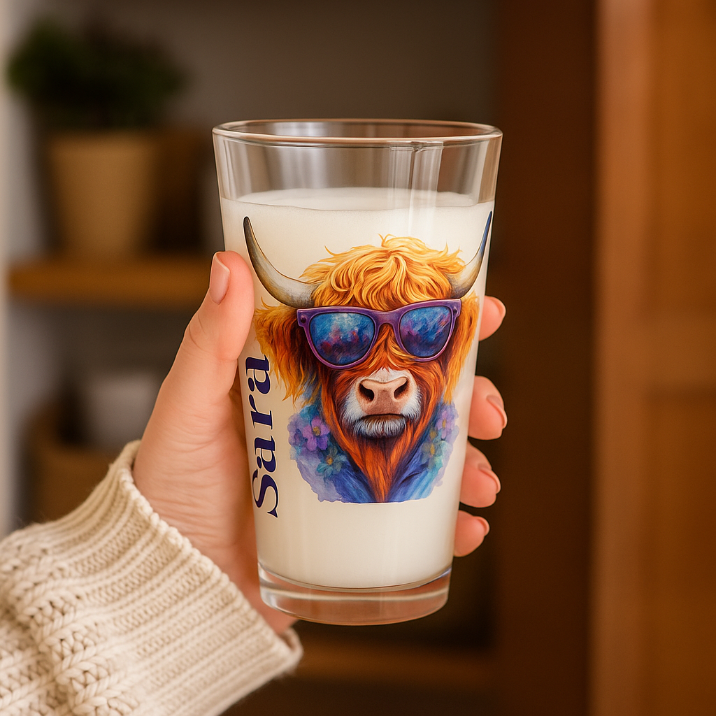 Personalized Highland Cow Pint Glass, Floral Cow with Sunglasses, Custom Name Glass, Cute Cowgirl Gift, Funny Beer Glass for Summer Parties