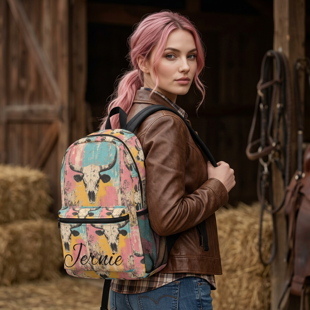 Personalized Cow Skull Backpack, Western School Bag, Custom Name Cowgirl Backpack