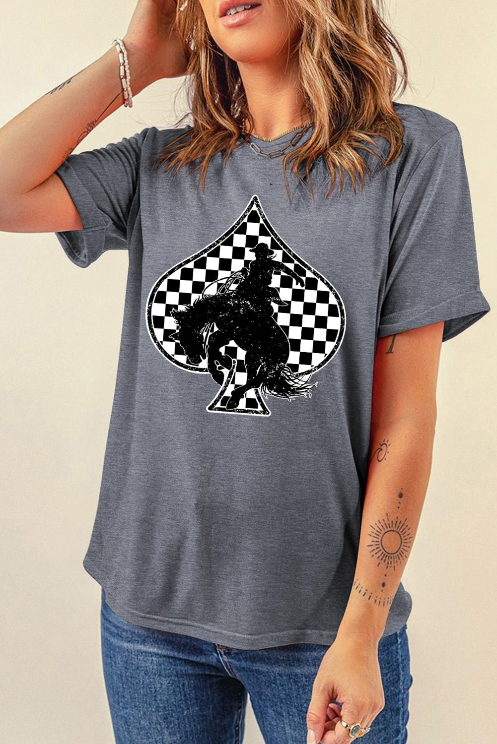 Gray Rodeo Poker T-Shirt | Western Bucking Horse Tee with Checkered Spades Graphic